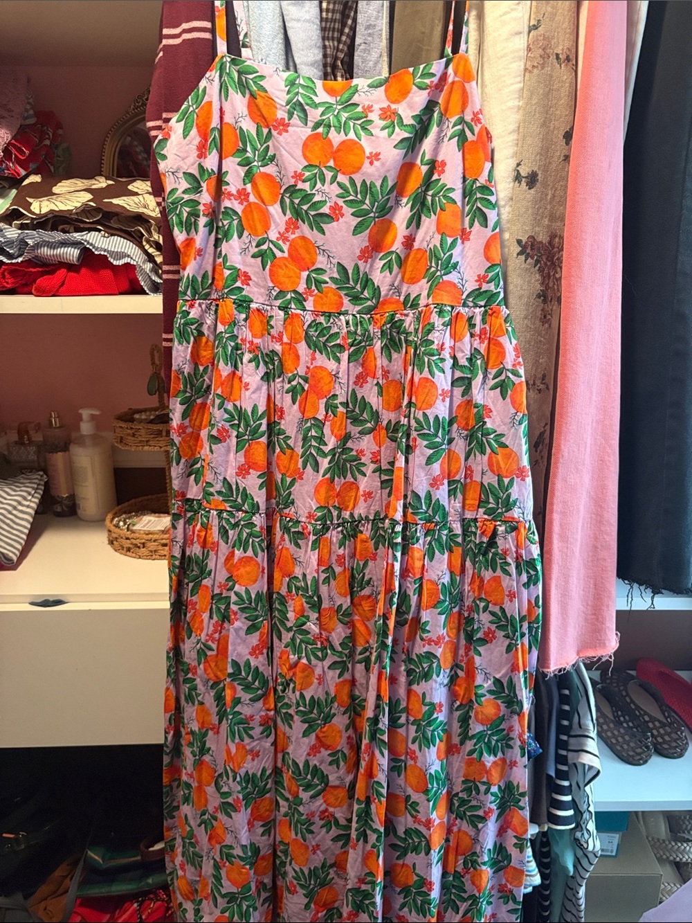 J. Crew lavender Maxi Dress with Orange Fruit & Green Leaves